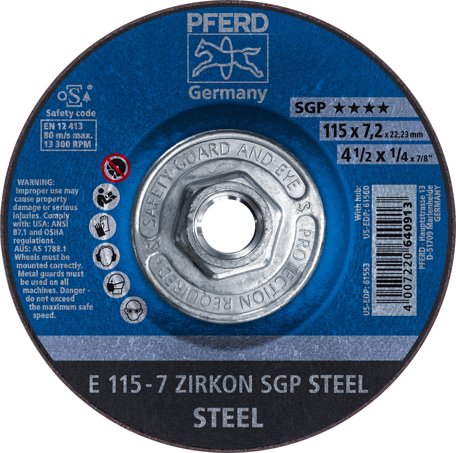4-1/2" x 1/4 Grinding Wheel, 5/8-11 Thd. ZIRKON SGP STEEL - Type 27